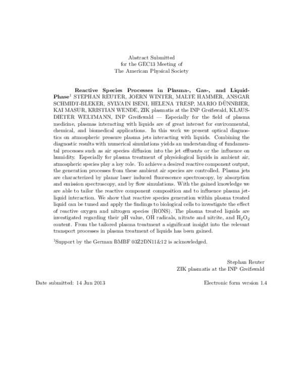 (PDF) Reactive Species Processes in Plasma-, Gas-, and Liquid-Phase