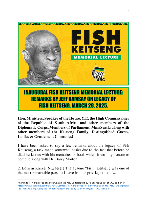 (PDF) INAUGURAL FISH KEITSENG MEMORIAL LECTURE - REMARKS BY DR JEFF RAMSAY