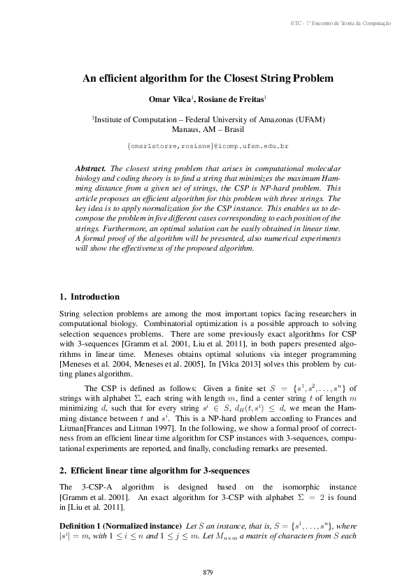 (PDF) An efficient algorithm for the Closest String Problem