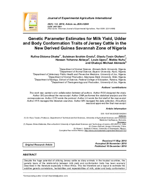 (PDF) Genetic Parameter Estimates for Milk Yield, Udder and Body ...