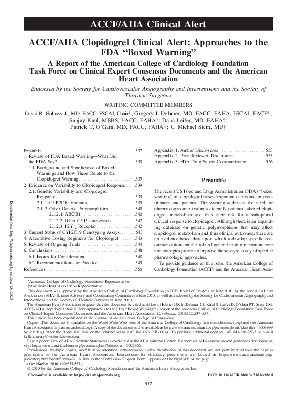 (PDF) ACCF/AHA Clopidogrel Clinical Alert: Approaches to the FDA “Boxed ...