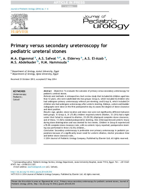 (PDF) Primary versus secondary ureteroscopy for pediatric ureteral stones