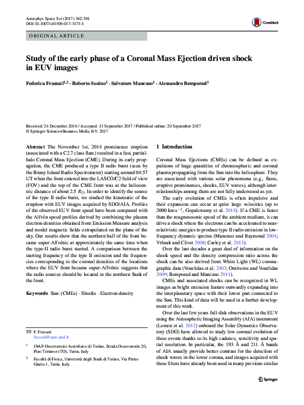 (PDF) Study of the early phase of a Coronal Mass Ejection driven shock ...