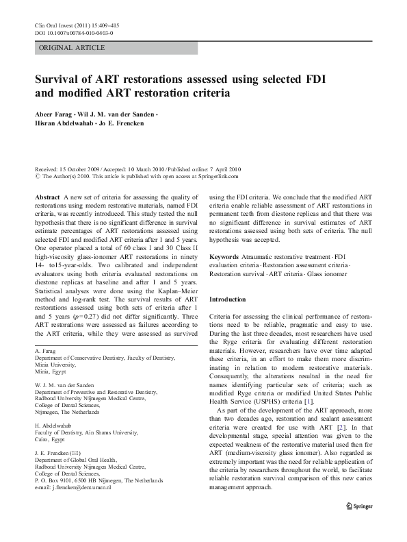 (PDF) Survival of ART restorations assessed using selected FDI and ...