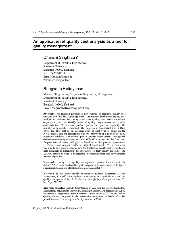 (PDF) An application of quality cost analysis as a tool for quality ...