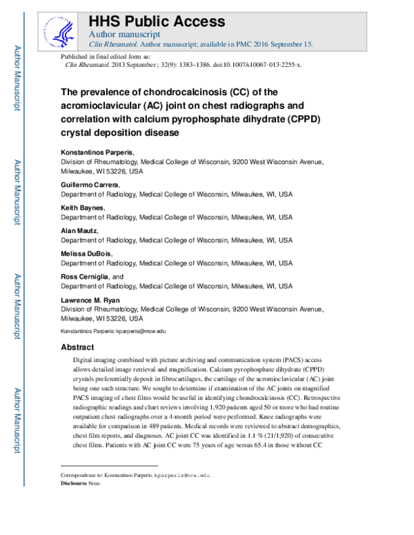 (PDF) The prevalence of chondrocalcinosis (CC) of the acromioclavicular ...