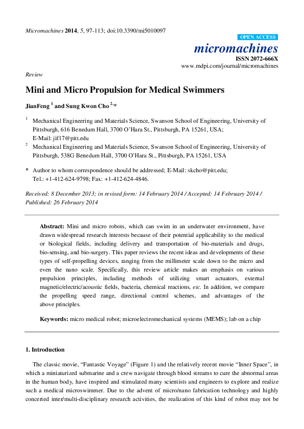 (PDF) Mini and Micro Propulsion for Medical Swimmers