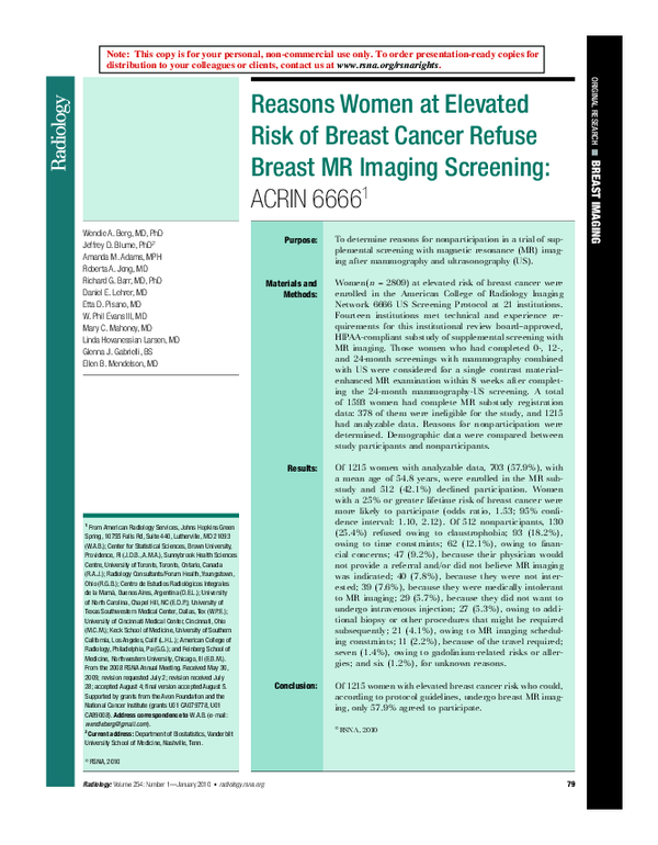 (PDF) Reasons Women at Elevated Risk of Breast Cancer Refuse Breast MR ...