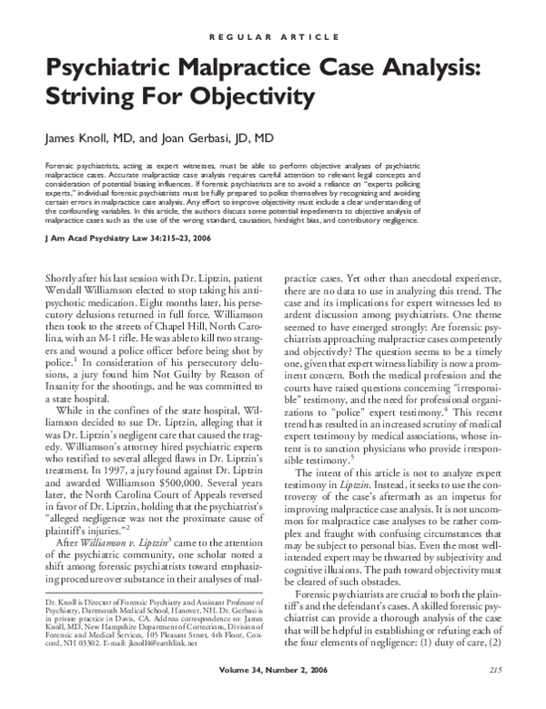 (PDF) Psychiatric malpractice case analysis: striving for objectivity