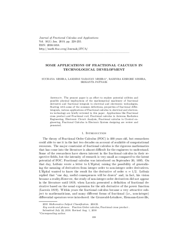 (PDF) Some Applications of Fractional Calculus in Technological Development