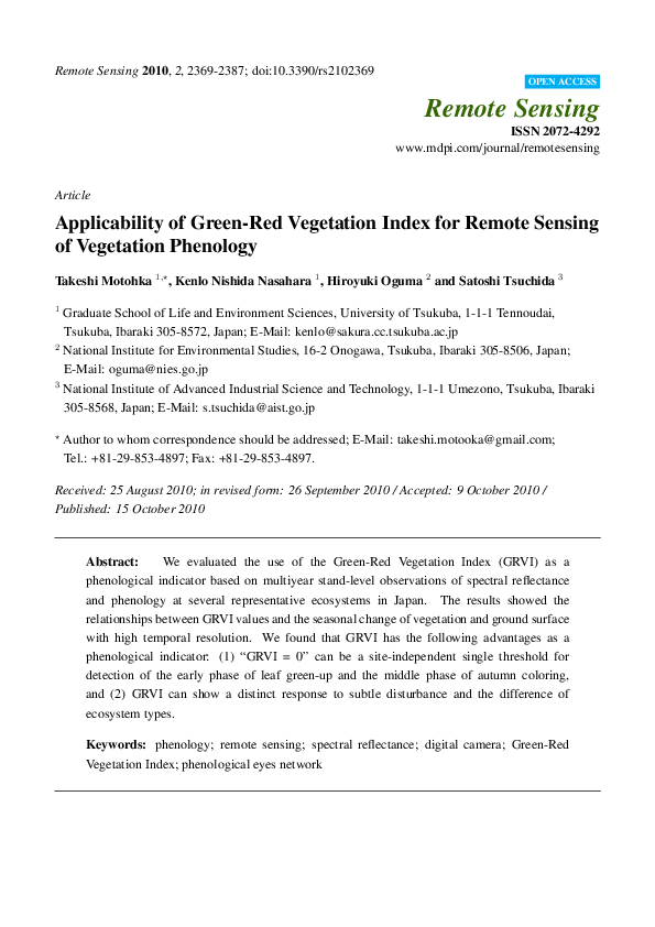 (PDF) Applicability of Green-Red Vegetation Index for Remote Sensing of ...