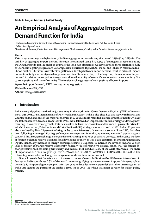 (PDF) An Empirical Analysis of Aggregate Import Demand Function for India