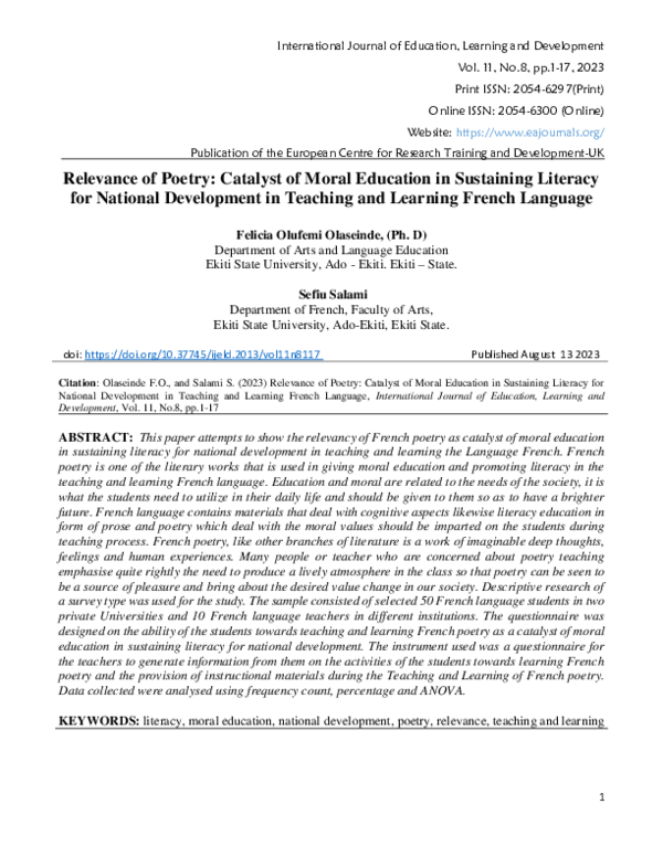 (PDF) Relevance of Poetry: Catalyst of Moral Education in Sustaining ...