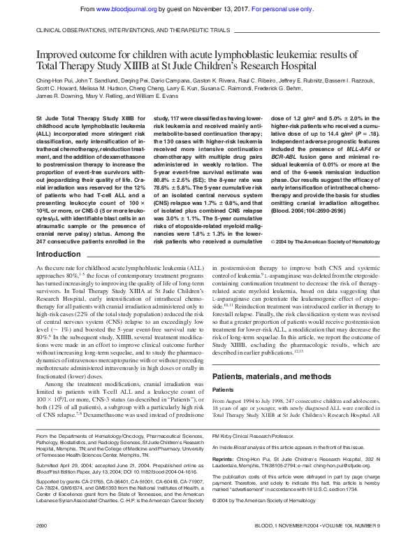 (PDF) Improved outcome for children with acute lymphoblastic leukemia ...