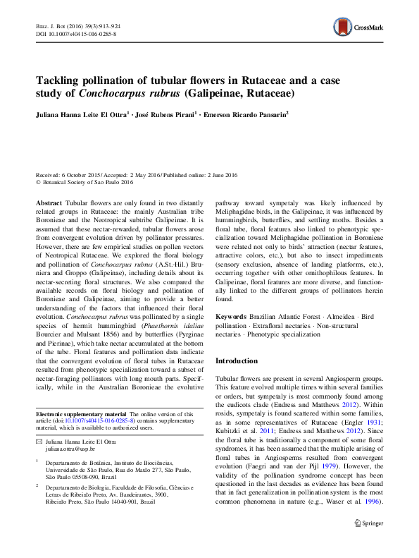 (PDF) Tackling pollination of tubular flowers in Rutaceae and a case ...