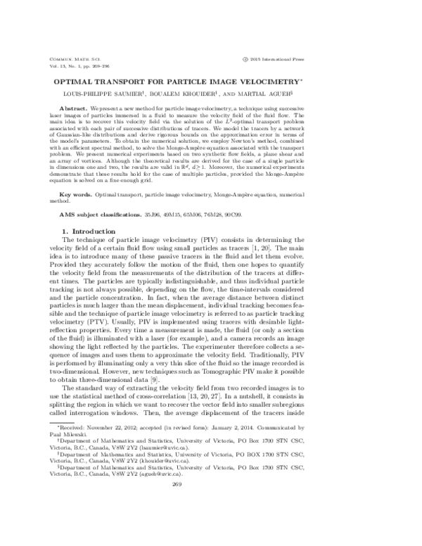 (PDF) Optimal transport for particle image velocimetry