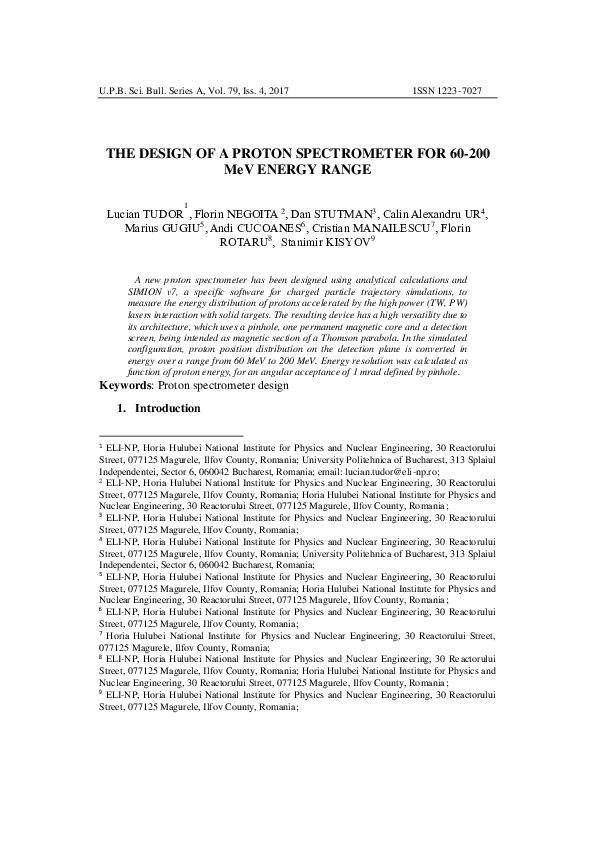 (PDF) THE DESIGN OF A PROTON SPECTROMETER FOR 60-200 MeV ENERGY RANGE