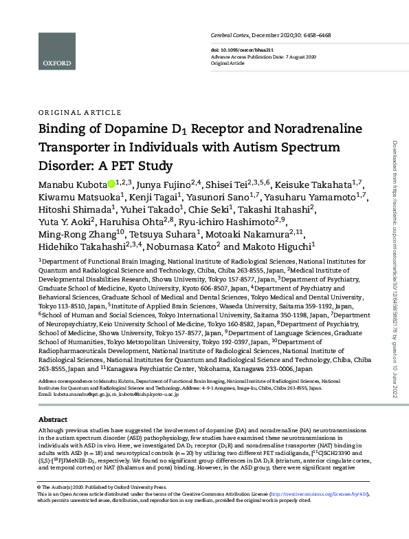 (PDF) Binding of Dopamine D1 Receptor and Noradrenaline Transporter in ...