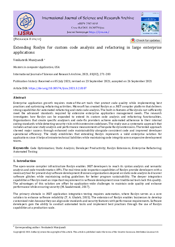 (PDF) Extending Roslyn for custom code analysis and refactoring in ...