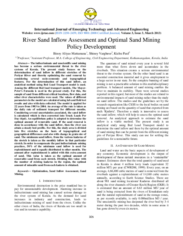 (PDF) River Sand Inflow Assessment and Optimal Sand Mining Policy ...