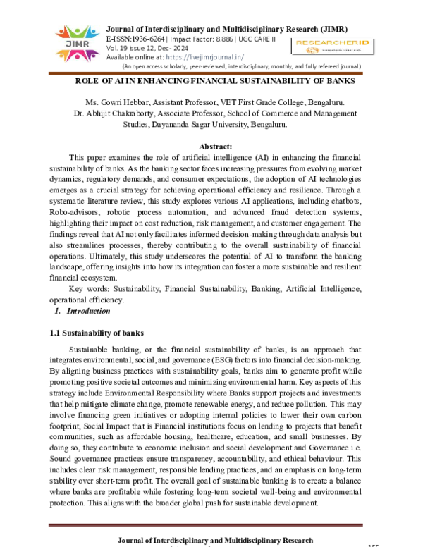 (PDF) ROLE OF AI IN ENHANCING FINANCIAL SUSTAINABILITY OF BANKS