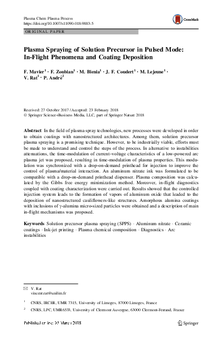 (PDF) Plasma Spraying of Solution Precursor in Pulsed Mode: In-Flight ...