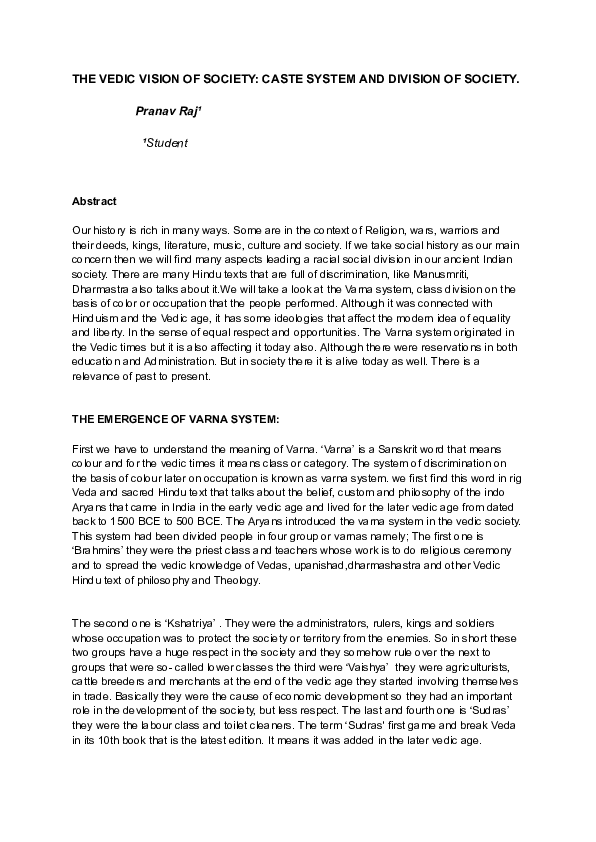(PDF) THE VEDIC VISION OF SOCIETY: CASTE SYSTEM AND DIVISION OF SOCIETY