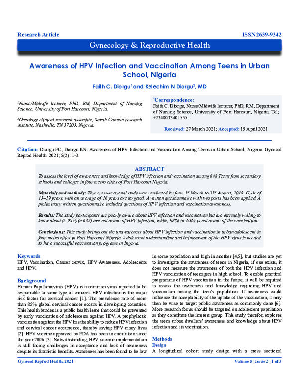 (PDF) Awareness of HPV Infection and Vaccination Among Teens in Urban ...
