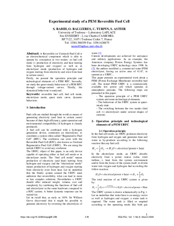 (PDF) Experimental study of a PEM reversible fuel cell