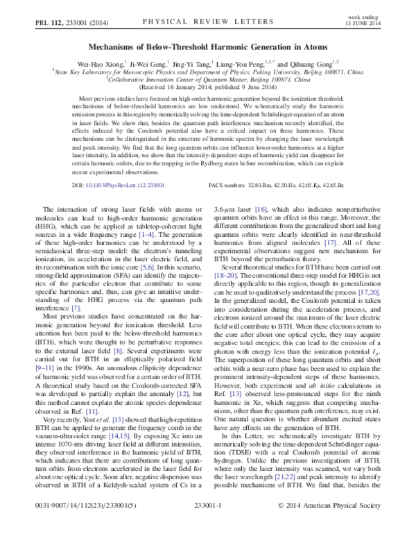 (PDF) Mechanisms of below-threshold harmonic generation in atoms