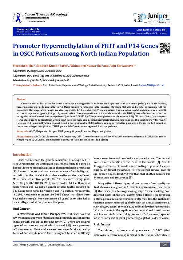 (PDF) Promoter Hypermethylation of FHIT and P14 Genes in OSCC Patients ...