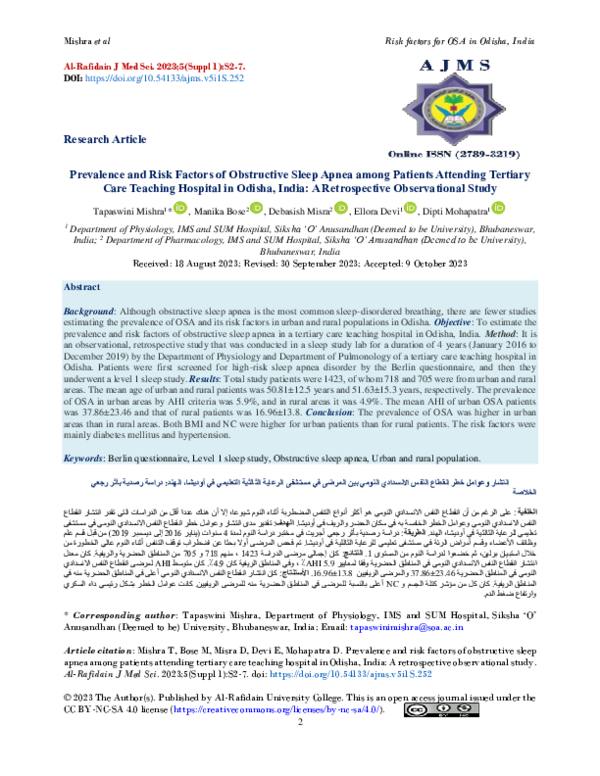 (PDF) Prevalence and Risk Factors of Obstructive Sleep Apnea among ...