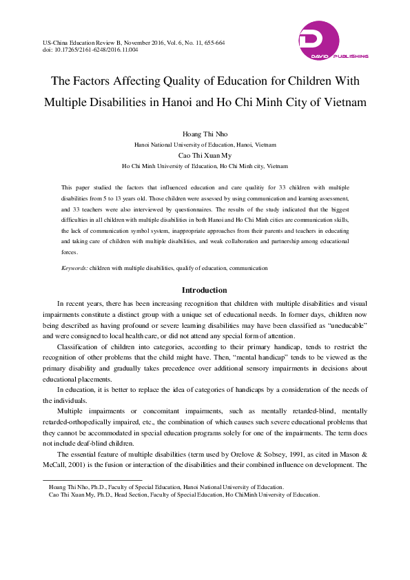 (PDF) The Factors Affecting Quality of Education for Children With ...
