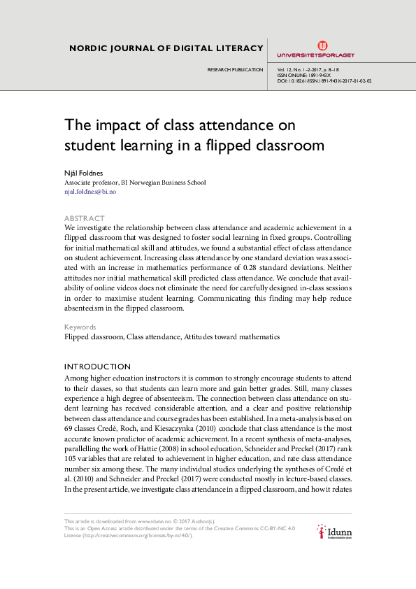 (PDF) The impact of class attendance on student learningin a flipped ...