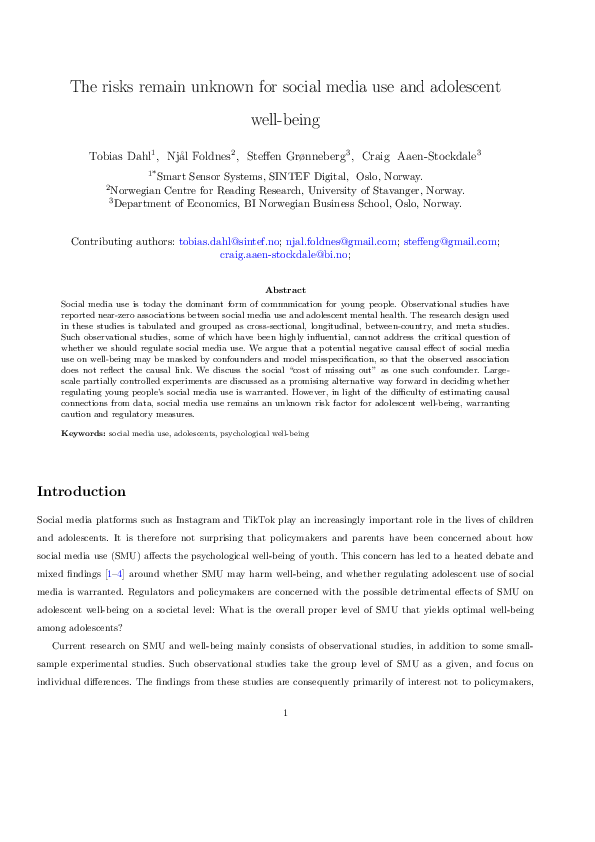 (PDF) The risks remain unknown for social media use and adolescent well ...