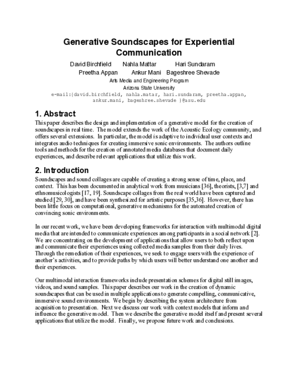 (PDF) Generative Soundscapes for Experiential Communication