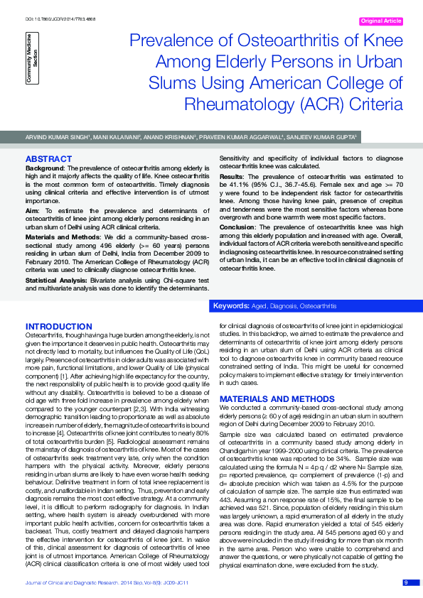 (PDF) Prevalence of Osteoarthritis of Knee Among Elderly Persons in ...