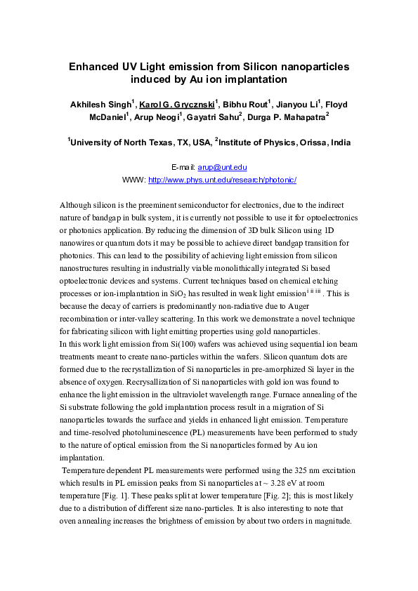 (PDF) Enhanced UV Light Emission From Silicon Nanoparticles Induced by ...