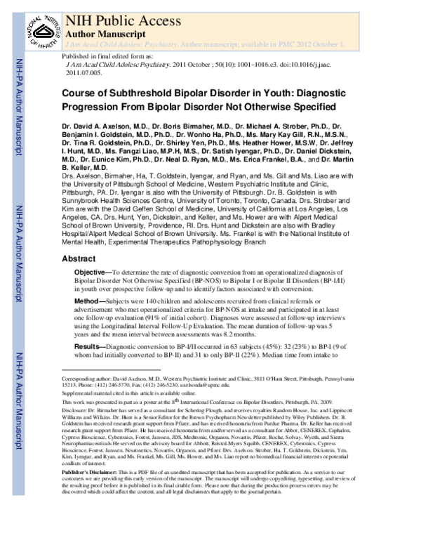 (PDF) Course of Subthreshold Bipolar Disorder in Youth: Diagnostic ...
