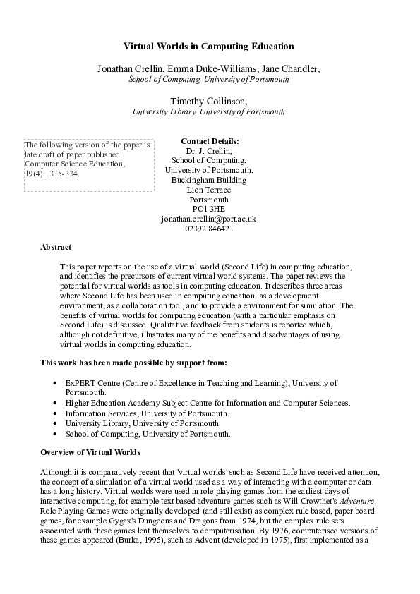 (PDF) Virtual worlds in computing education