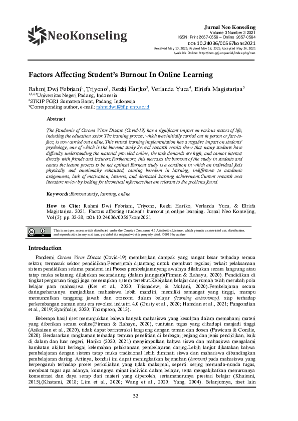 (PDF) Factors Affecting Student’s Burnout In Online Learning