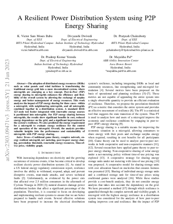 (PDF) A Resilient Power Distribution System using P2P Energy Sharing