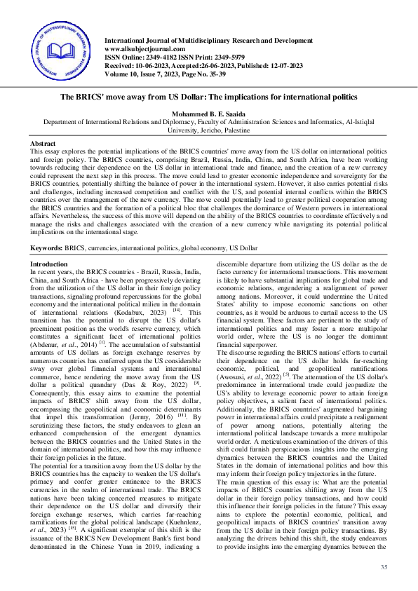 (PDF) BRICS Plus: de-dollarization and global power shifts in new ...