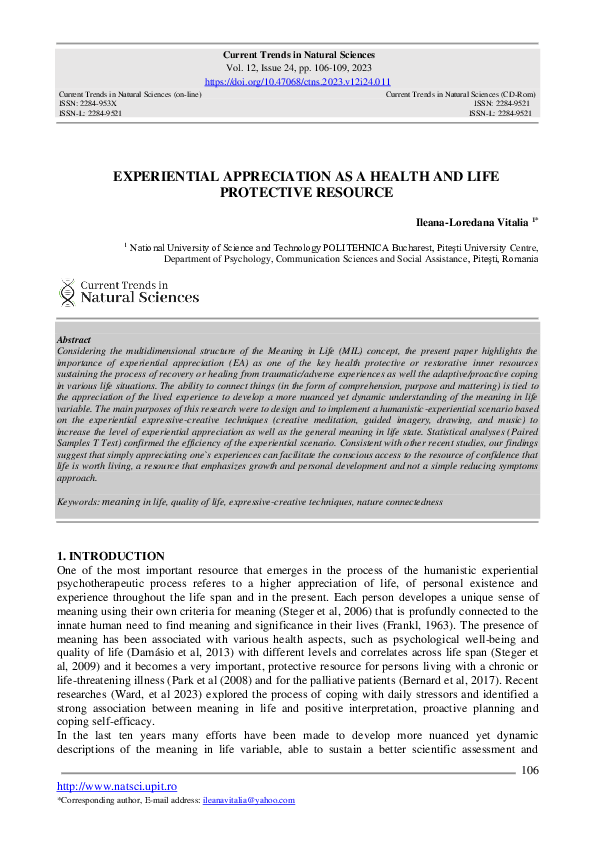 (PDF) Experiential Appreciation as a Health and Life Protective Resource