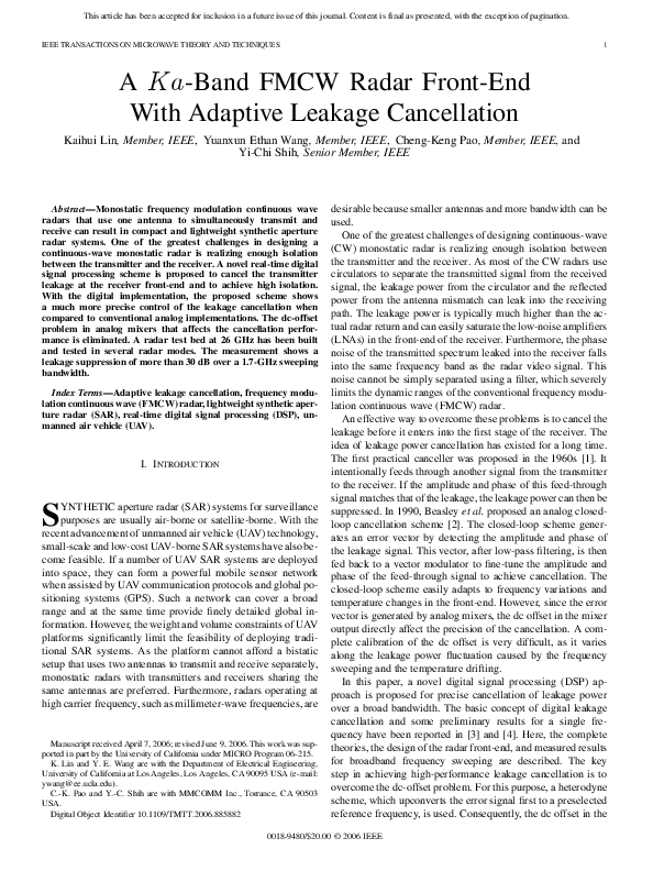 (PDF) A $Ka$-Band FMCW Radar Front-End With Adaptive Leakage Cancellation