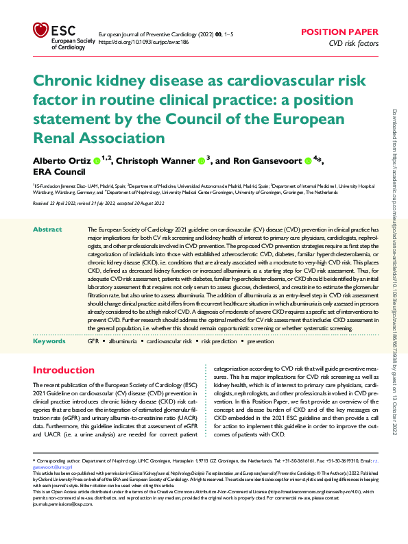 (PDF) Chronic kidney disease as a cardiovascular risk state and ...
