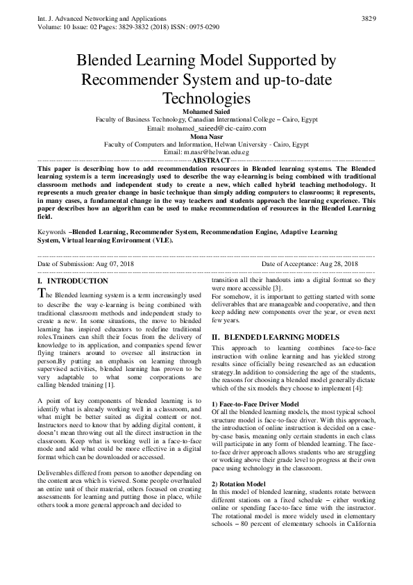 (PDF) Blended Learning Model Supported by Recommender System and up-to ...