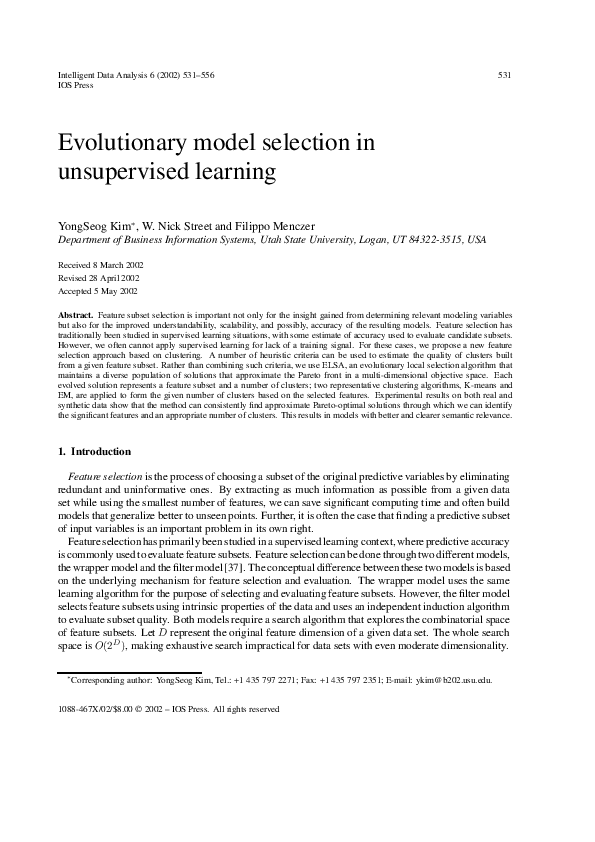 (PDF) Evolutionary model selection in unsupervised learning