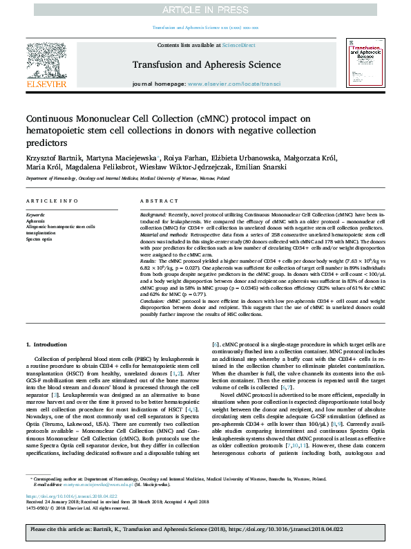 (PDF) Continuous Mononuclear Cell Collection (cMNC) protocol impact on ...