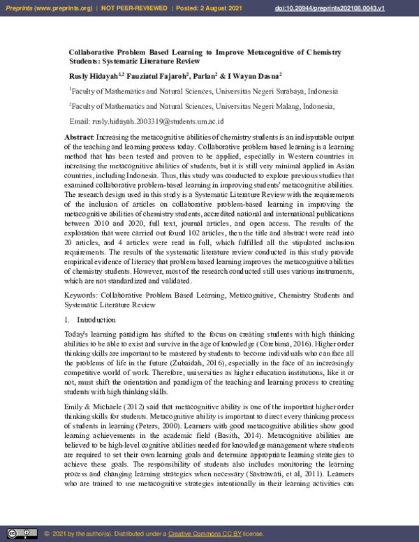(PDF) Collaborative Problem Based Learning to Improve Metacognitive of ...